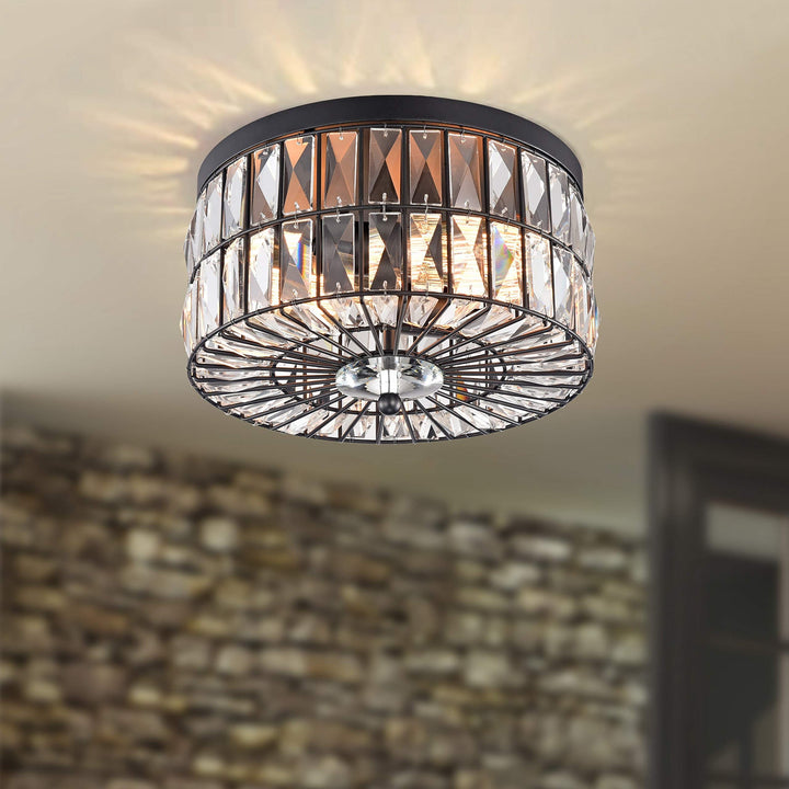 2- Light Crystal Glass Flush Mount Chandelier in Black Glam Modern