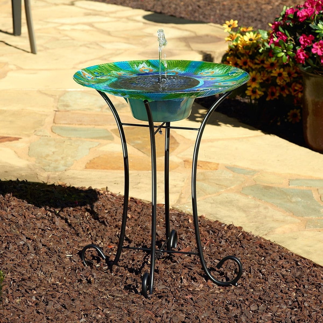 Peacock Glass Solar Birdbath Multi Color