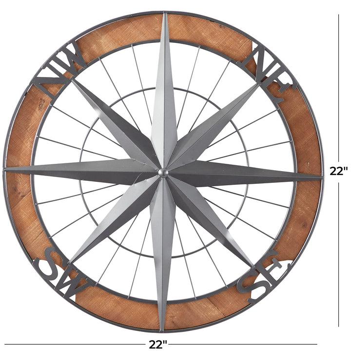 Grey Metal Nautical Compass Wall Coastal