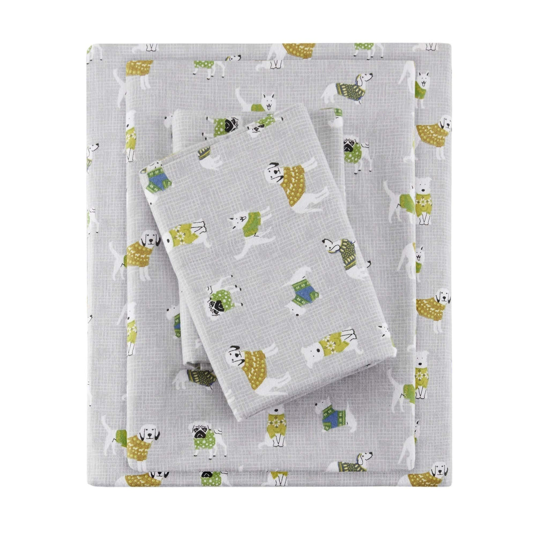 4 Piece Grey Green Dog Flannel Sheet Queen Set Gray dorable Puppy Bedding Pet Queen - grey dogs