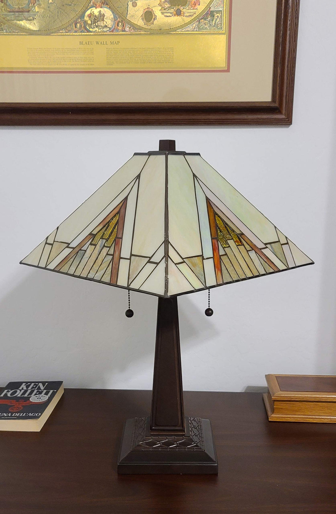 Tiffany Style Table Lamp Banker Mission 23" Tall Stained Glass Tan Brown Vintage