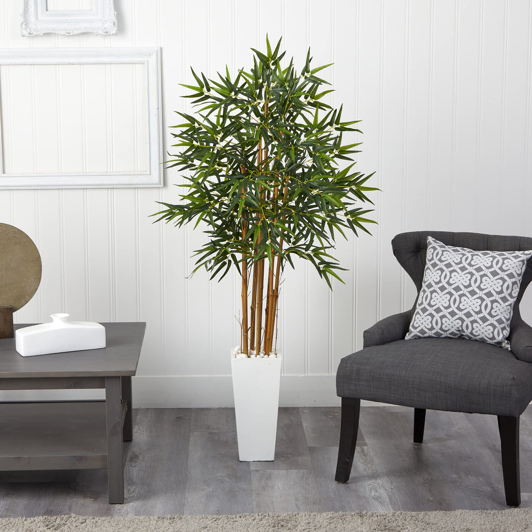 Nearly Natural 5812 5’ Bamboo Artificial Tree in White Tower Planter Green