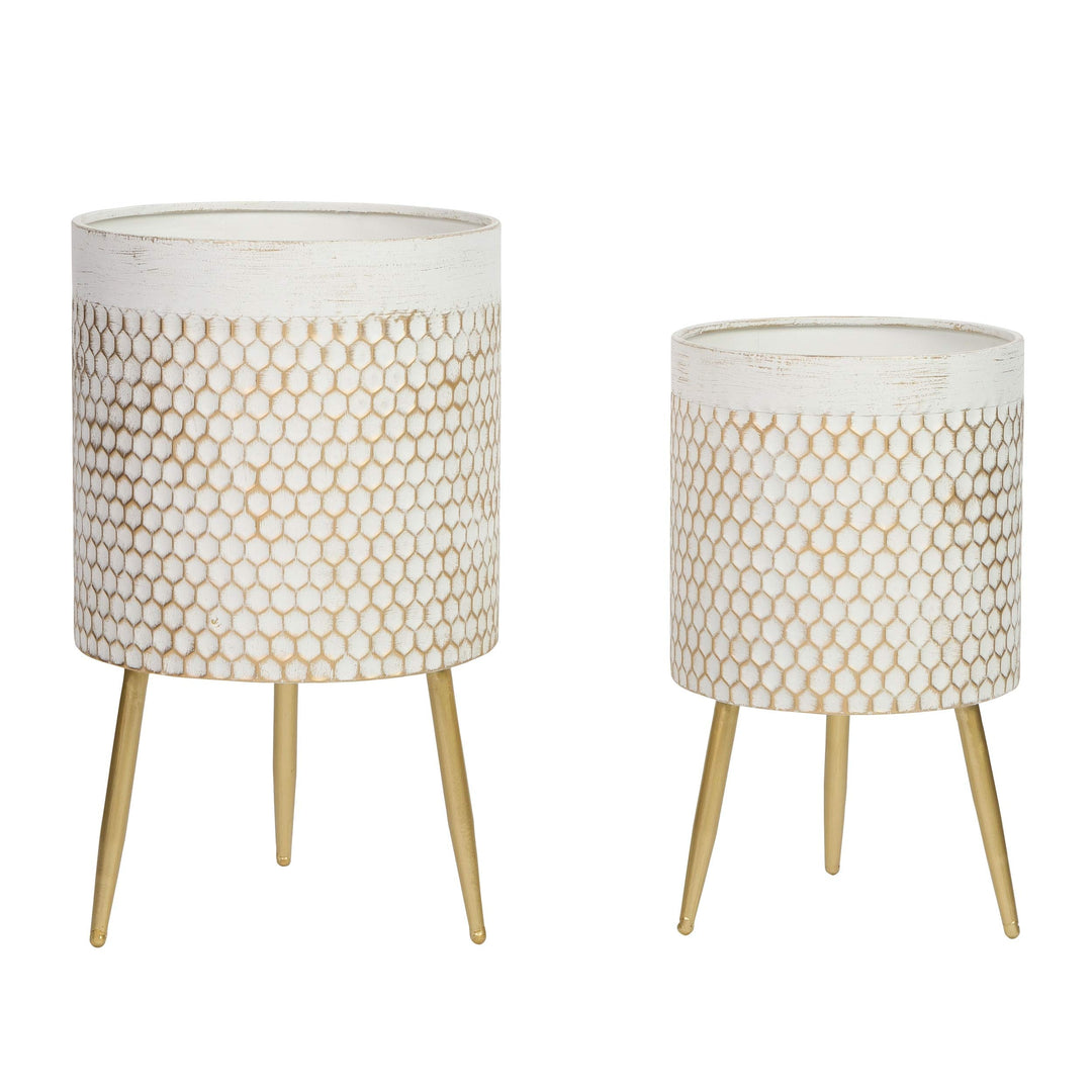 Modern Planters (Set of 2) Gold White Mid-Century Round Metal