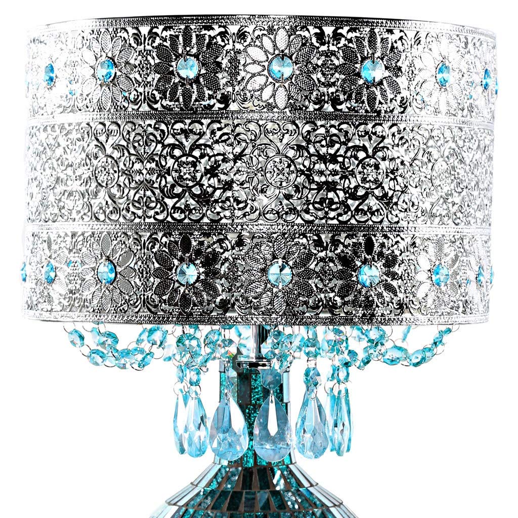 Poetic Wanderlust by Jeweled Metal Shade with Mosaic Base Table Lamp Blue Silver