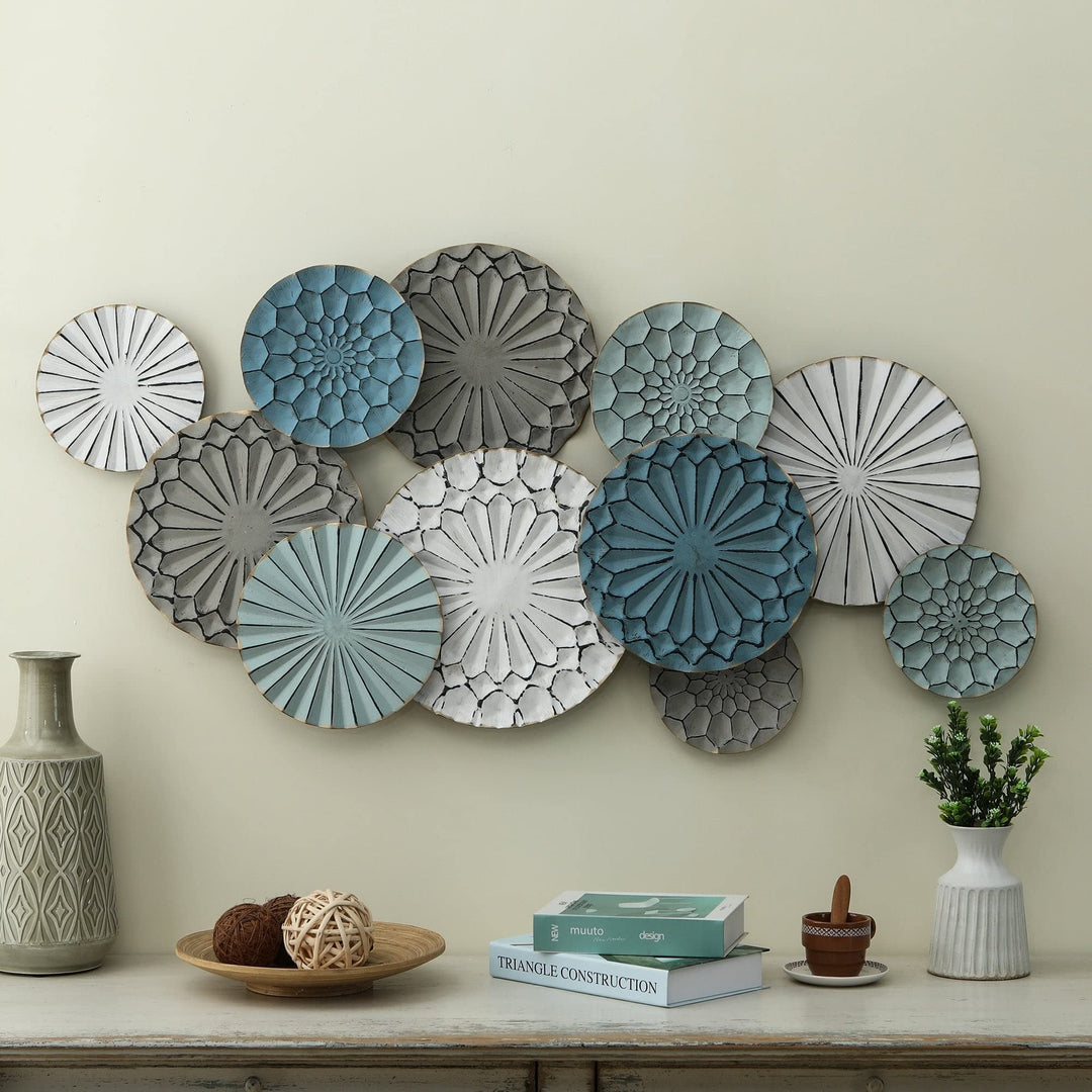 Metal Floral Pattern Round Discs Abstract Wall Art Blue Grey White Modern