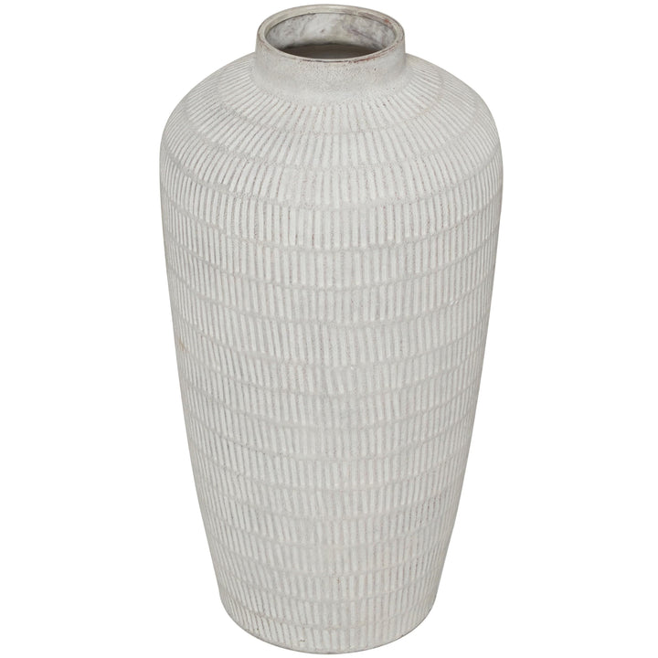 Cream Ceramic Textured Vase with Linear Pattern Off/White