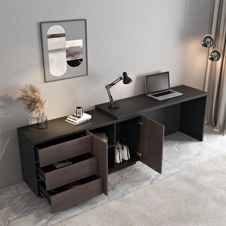 Home Office Expandable Desk with Drawer Dresser for Storage Black Brown Modern