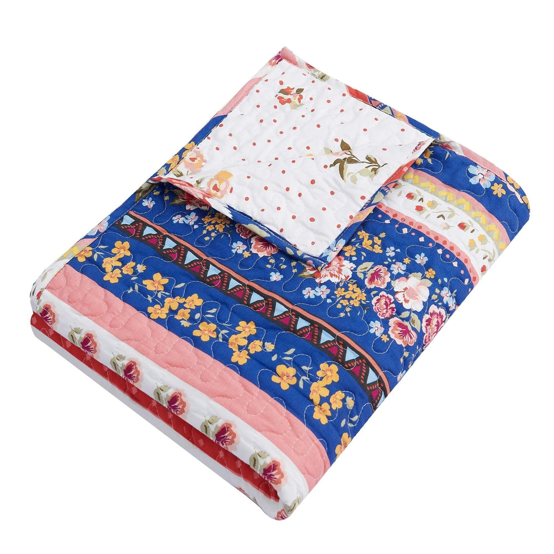 Cotton-Rich Reversible Throw Blanket Blue Pink White Border Floral Striped