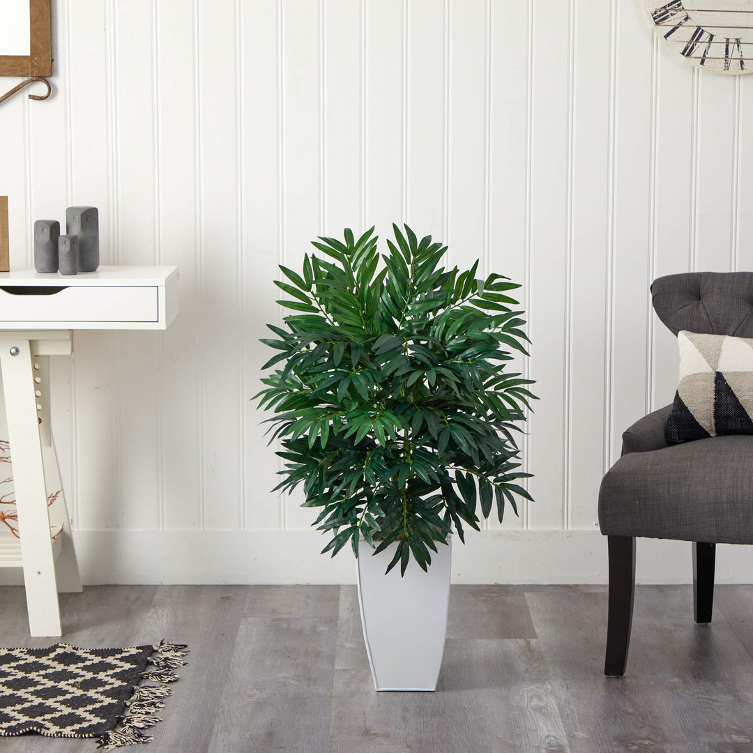 Nearly Natural 3ft. Bamboo Palm Artificial Plant in White Metal Planter