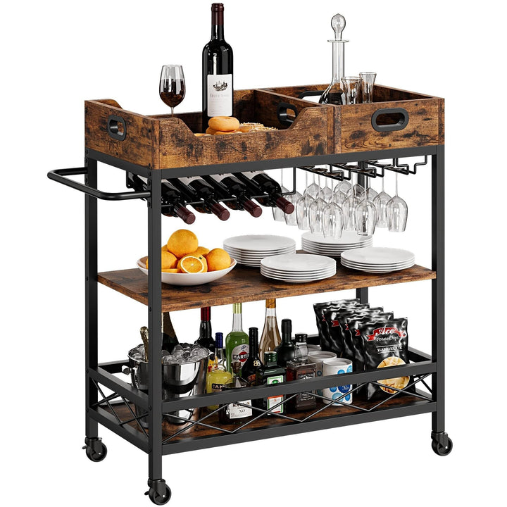 3-Tier Home Bar Cart Rustic Brown with Wheels Modern Contemporary Wood Made to