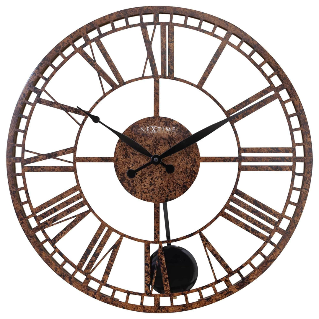 London 20 Inch Open Face Wall Clock with Roman Numerals and Pendulum Brown