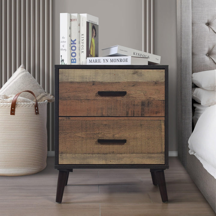 Rustic Elegant 2-Drawers Wooden Nightstand Natural MDF Wood Finish