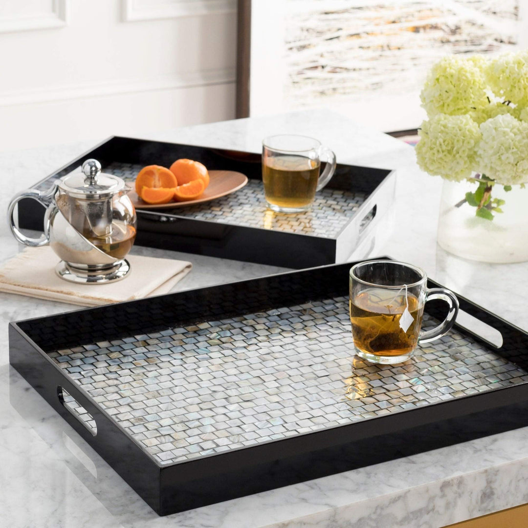 Black Mother of Pearl Decorative 2-Piece Tray Set Off/White Tan Modern