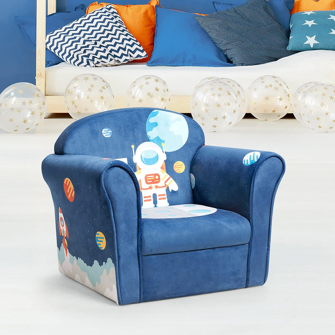 Fashion Upholstered Children Armrest Sofa W/Astronaut Pattern Blue Modern