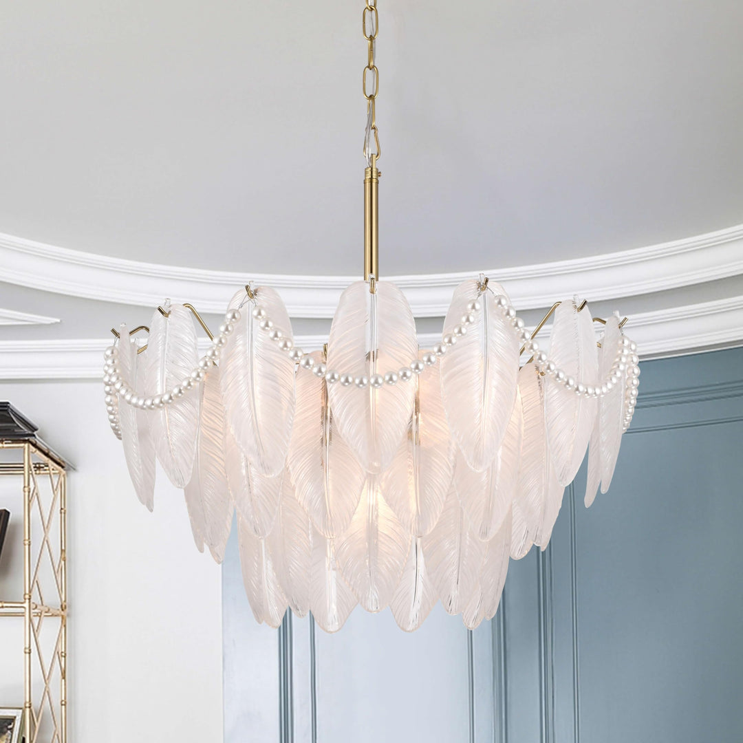 The Lighting Store Paula Brushed Shiny Brass 7-Light Glass Feather-Shaped