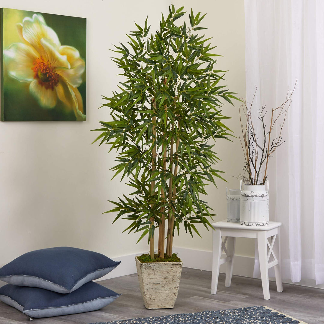 65" Bamboo Artificial Tree in Country White Planter Green - Diamond Home USA