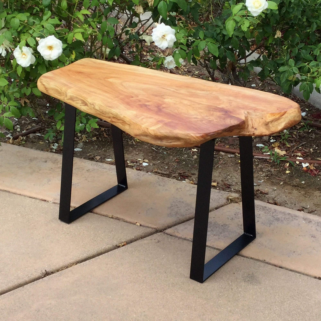 Live Edge Cut Cedar Roots Rustic Stool with Flat Iron Leg Natural Floral Pattern