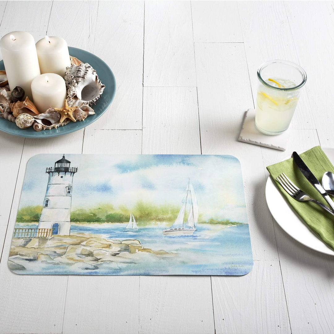 Reversible Wipe-Clean Placemats Set of 4 Lighthouse Scene Multi Color