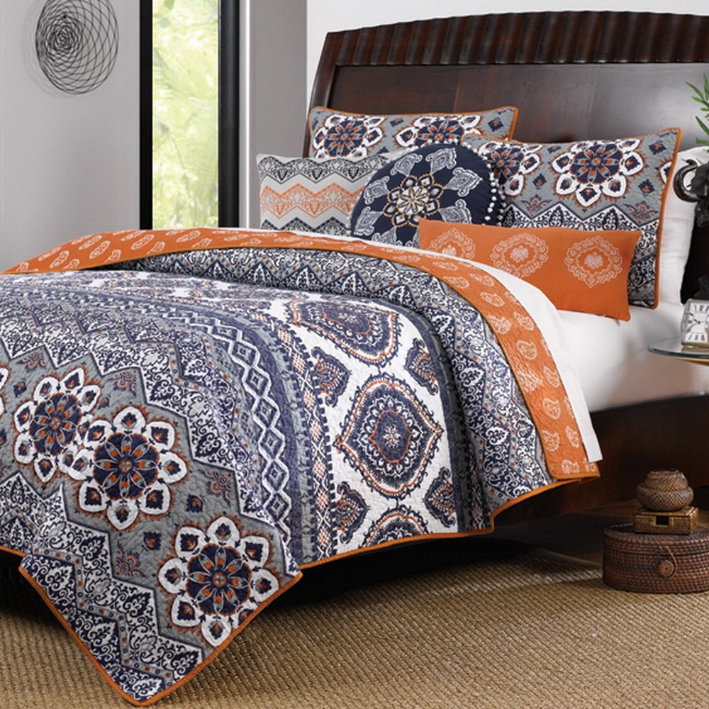 Boho Chic Moroccan Paisley Pattern Grey Orange Cotton 2 Piece Twin Size Quilt