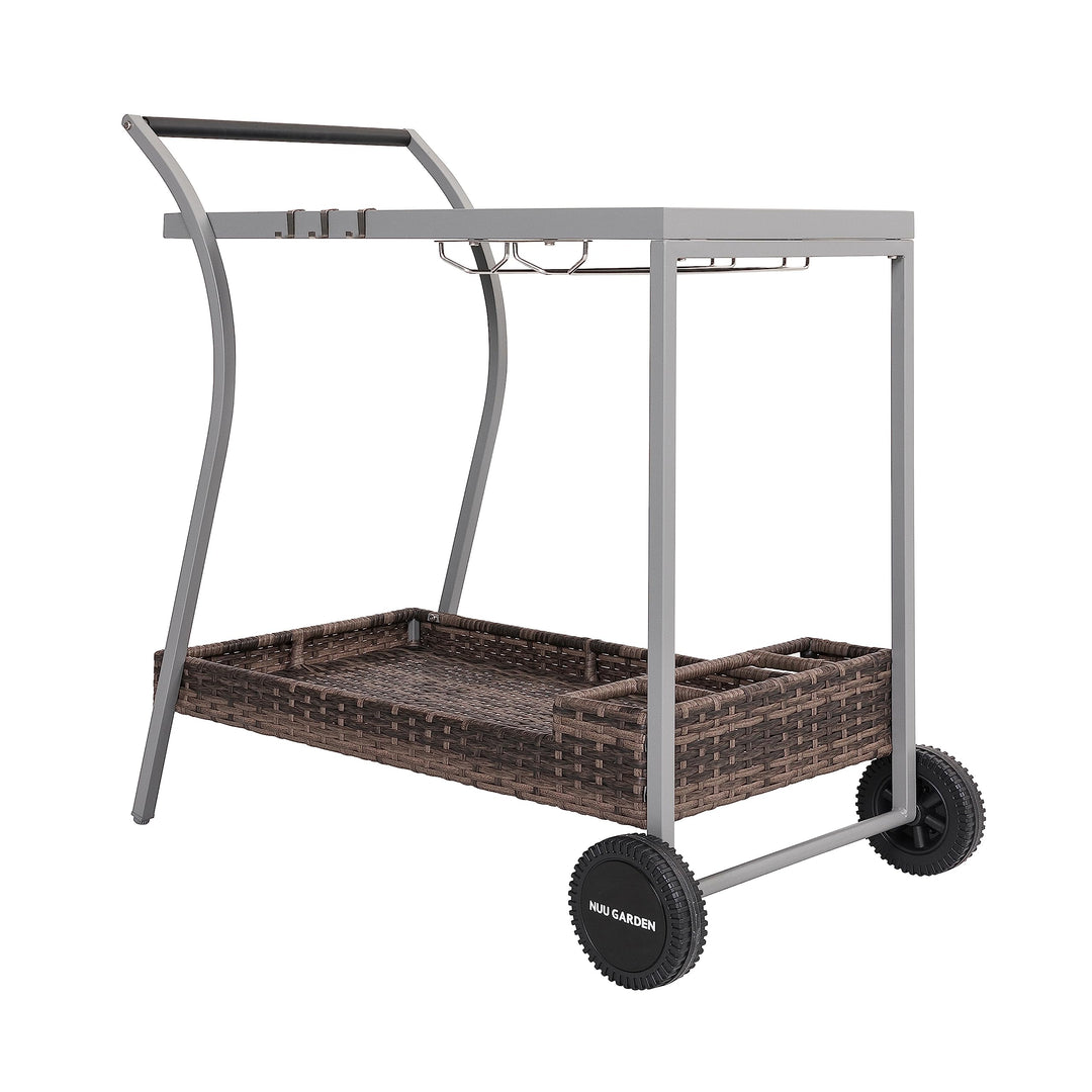 Outdoor 2-Tier Wicker Bar Cart On Wheels with Tempered Glass Board Grey