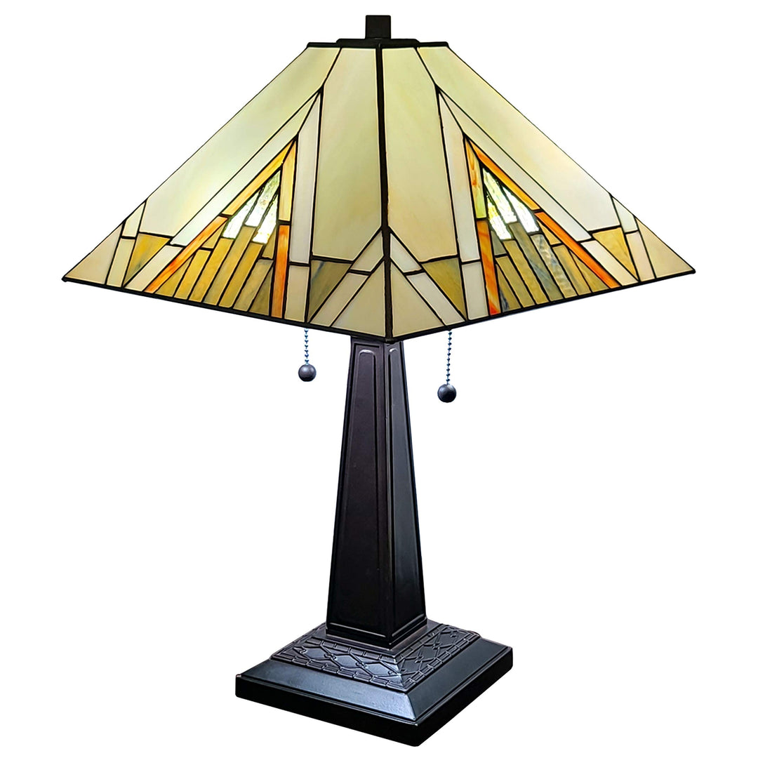 Tiffany Style Table Lamp Banker Mission 23" Tall Stained Glass Tan Brown Vintage