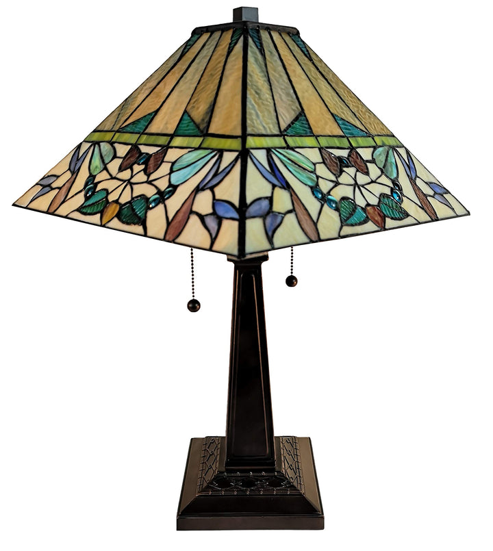 Tiffany Style Table Lamp Banker Mission 22" Tall Stained Glass Tan Green