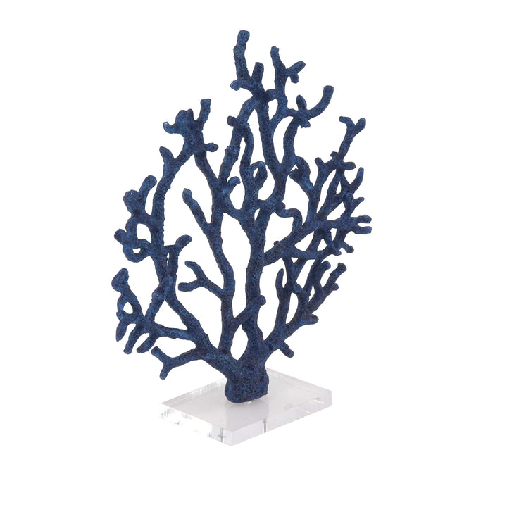 Coastal Polystone Blue Branched Coral Sculpture Nautical Resin Brass Finish