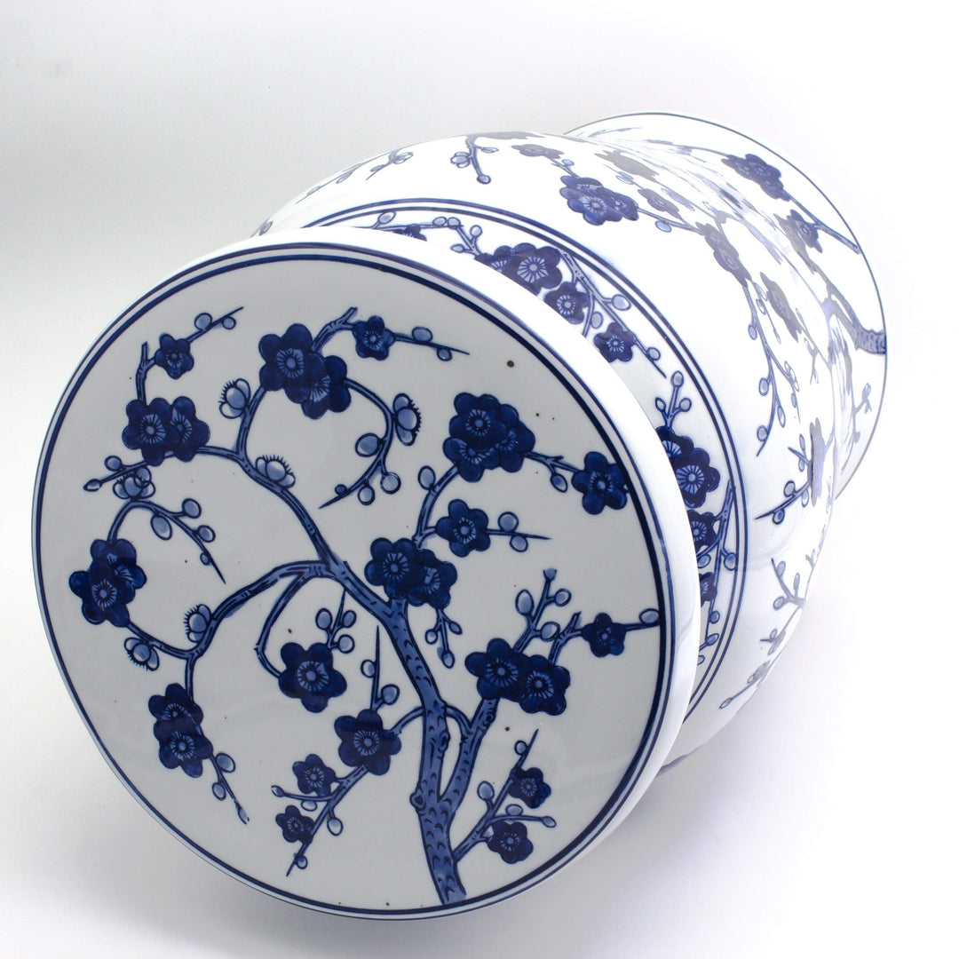 Blue Garden Porcelain 18" White Cherry Blossom Podium Stool Traditional Handmade