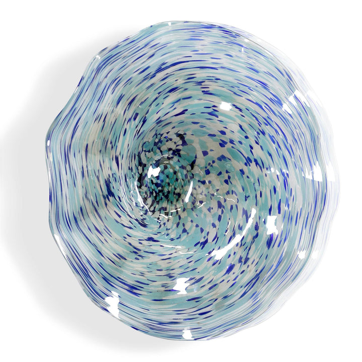 Hand Blown Swirling Seas Glass Platter Multicolored Finish Of Blues And White