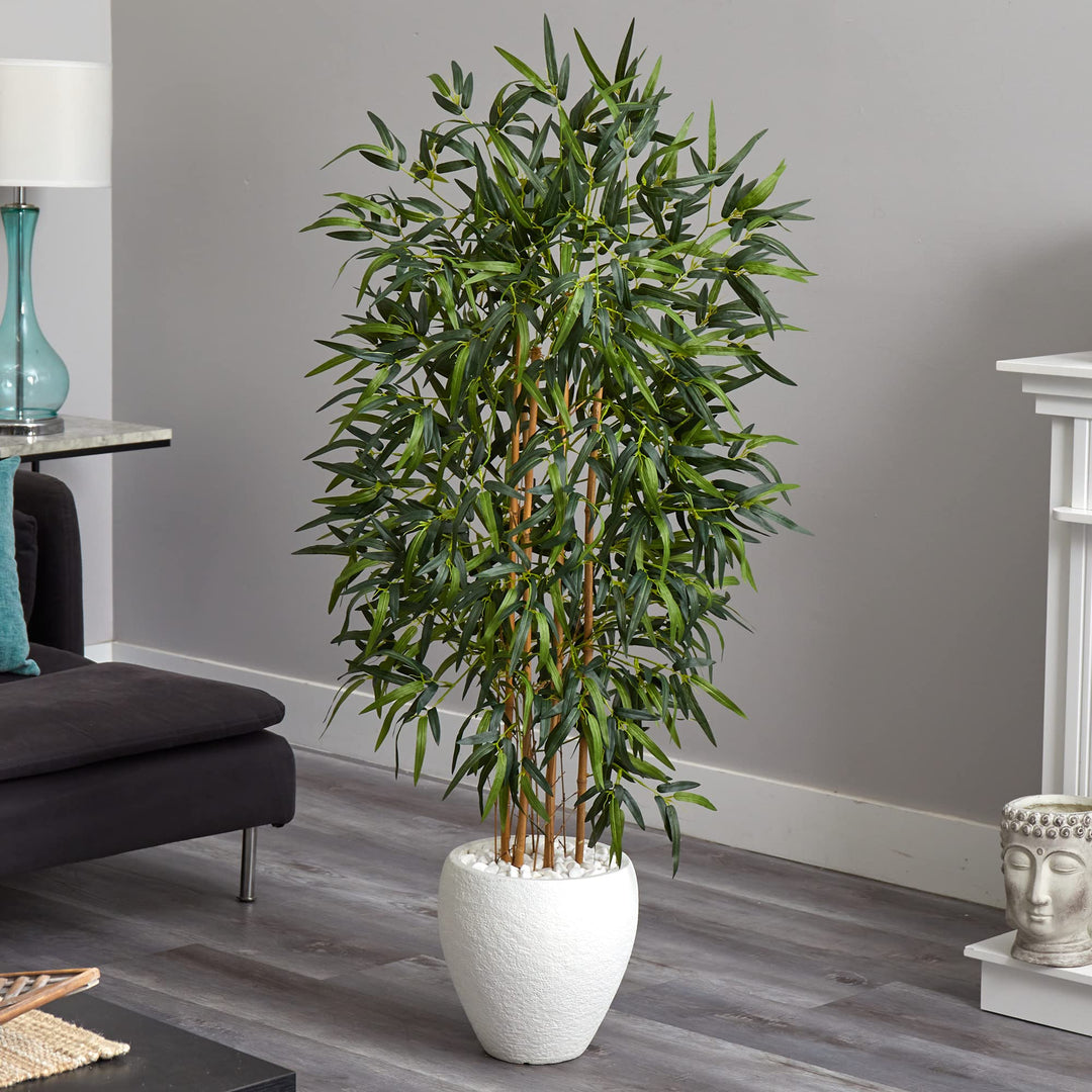 Nearly Natural 5ft. Bamboo Artificial Tree in Oval White Planter