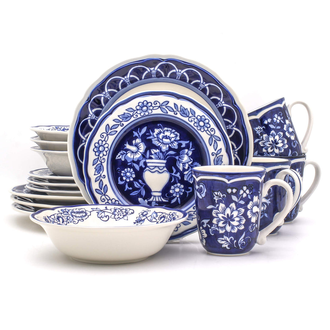 Euro Ceramica Blue Garden 16 Piece Oven afe Hand Painted toneware Dinnerware