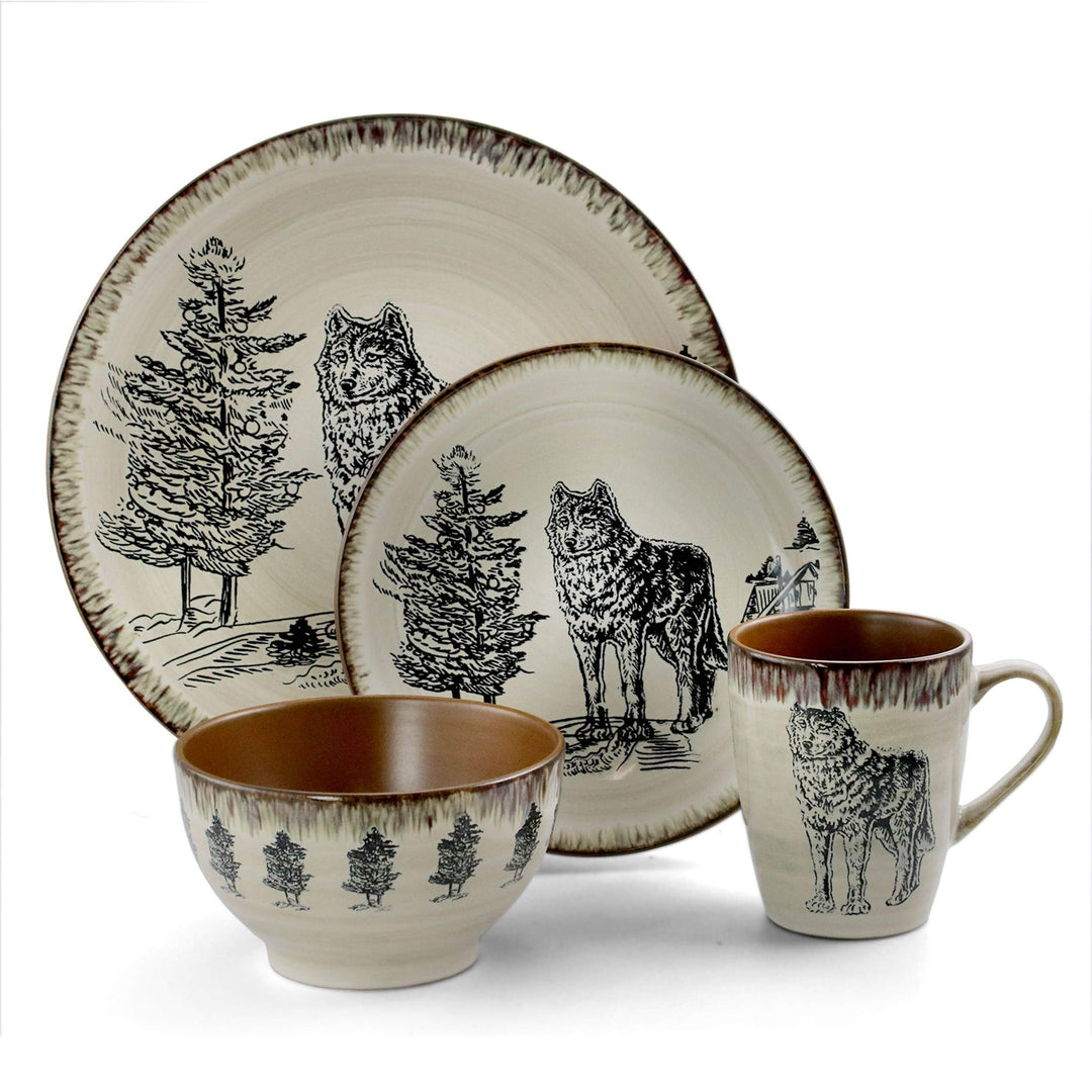 Winter Wolf 16 Piece Round Stoneware Dinnerware Set in Taupe Beige Animal Casual