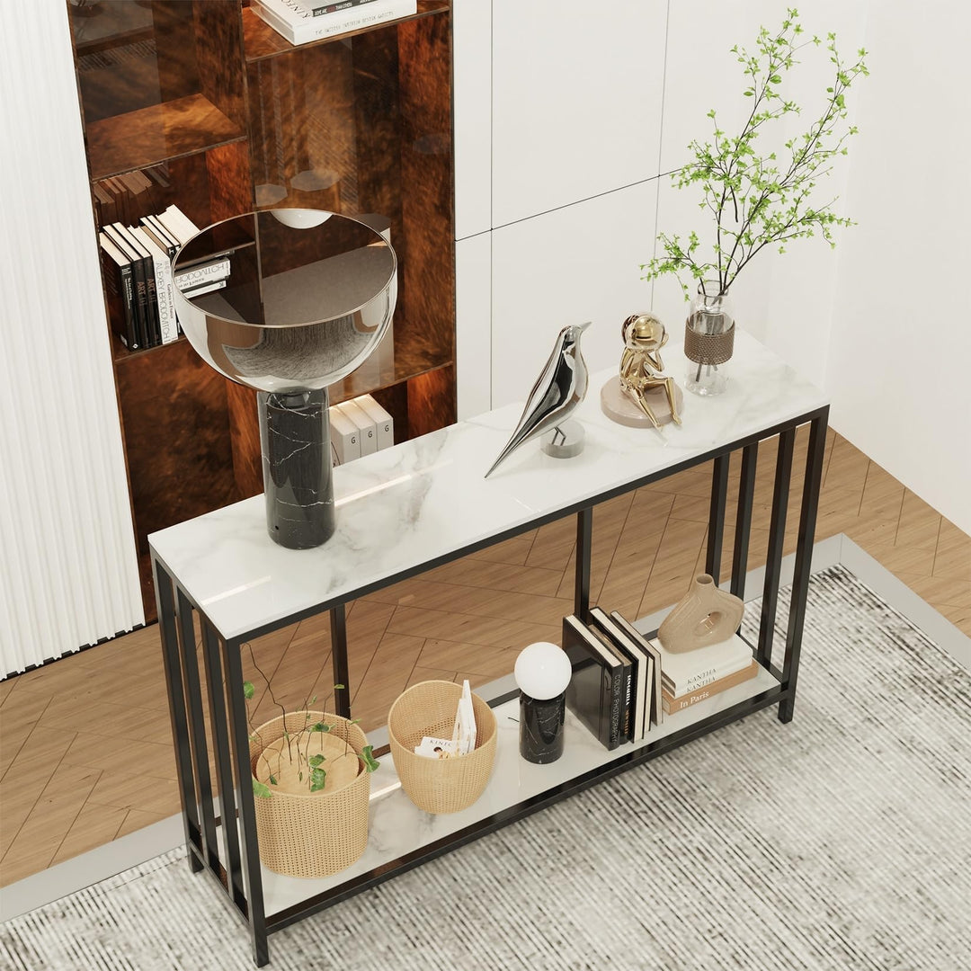 2 Tier Modern Console Table Heavy Duty Sintered Stone Black Industrial - Diamond Home USA