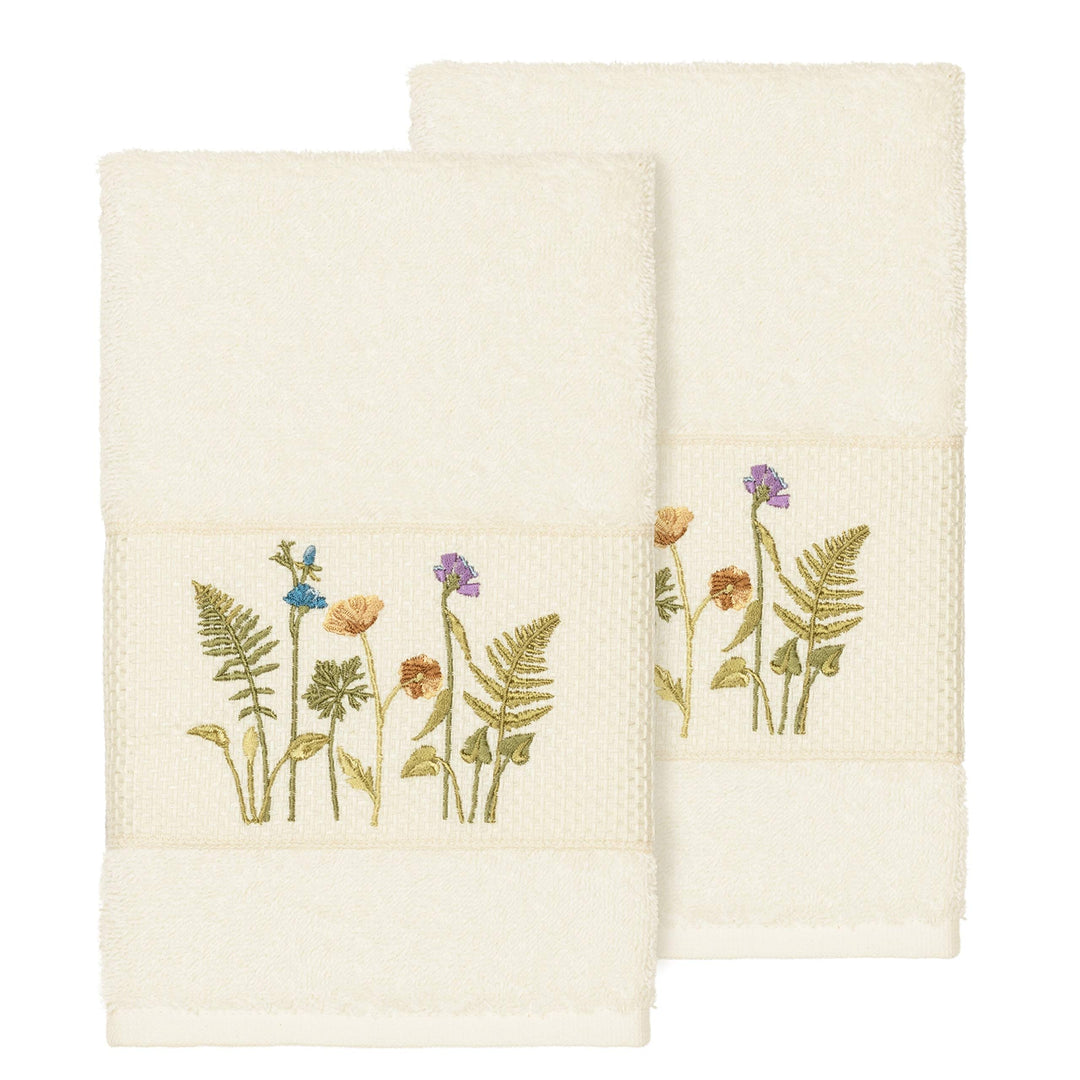 Cream Turkish Cotton Wildflowers Embroidered Hand Towels (Set of 2) Brown