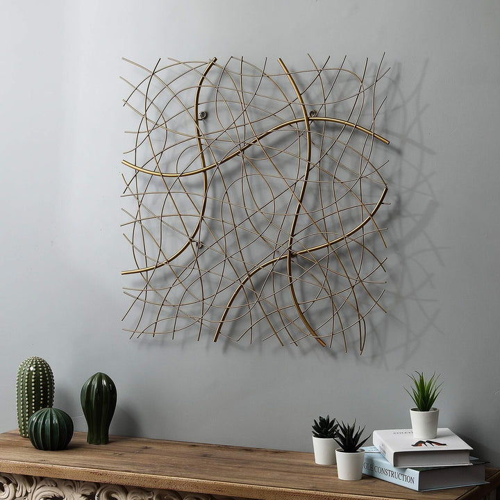 Large Gold Abstract Square Metal Wall Decor Modern Contemporary Iron Includes