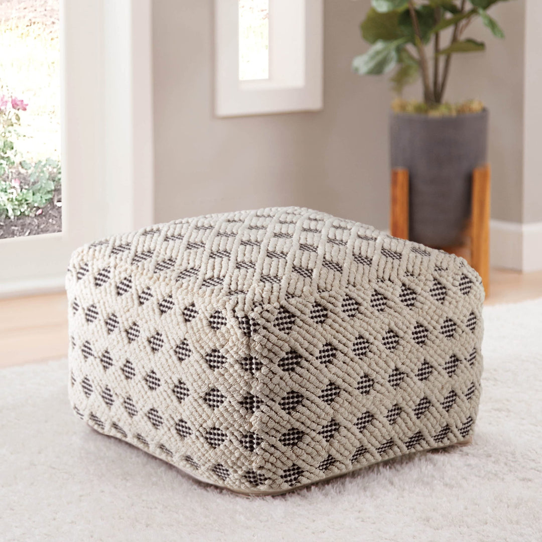 Pouf Ottoman Black Natural Patterned Transitional Pattern Square Cotton Handmade