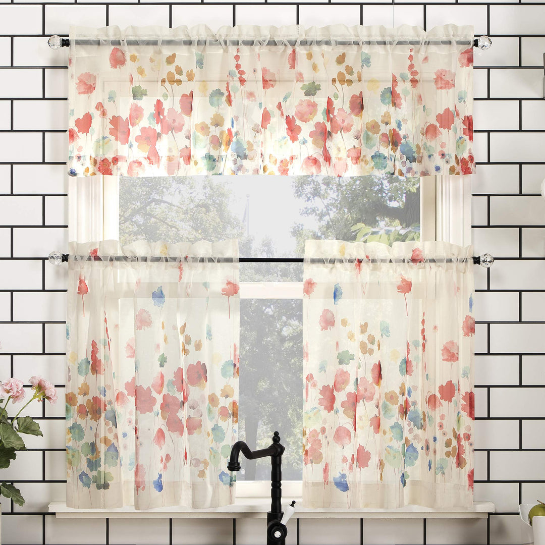 No. 918 Rosalind Watercolor Floral Semi-Sheer Rod Pocket Kitchen Curtain Valance 54 x 24 - Poppy Red