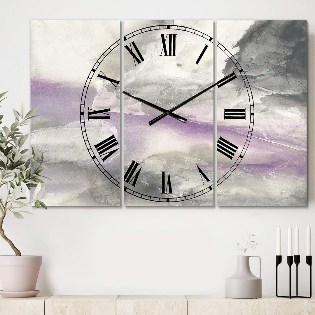 Watercolor Minimal Purple Tones I' Cottage 3 Panels Oversized Wall Clock 36