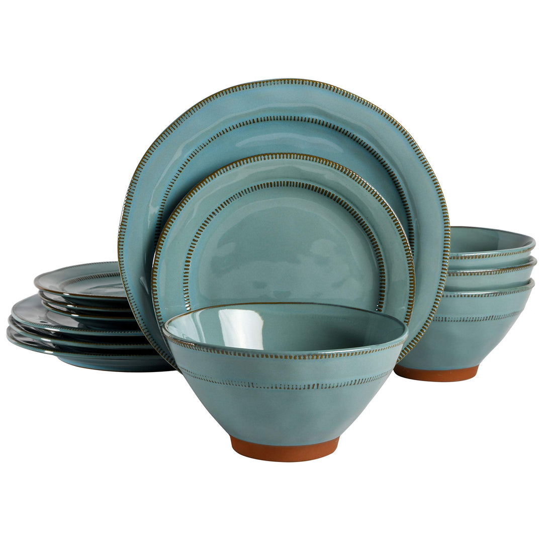 Gibson Elite Terranea Round Reactive Glaze Terra Cotta Dinnerware Set Service Teal