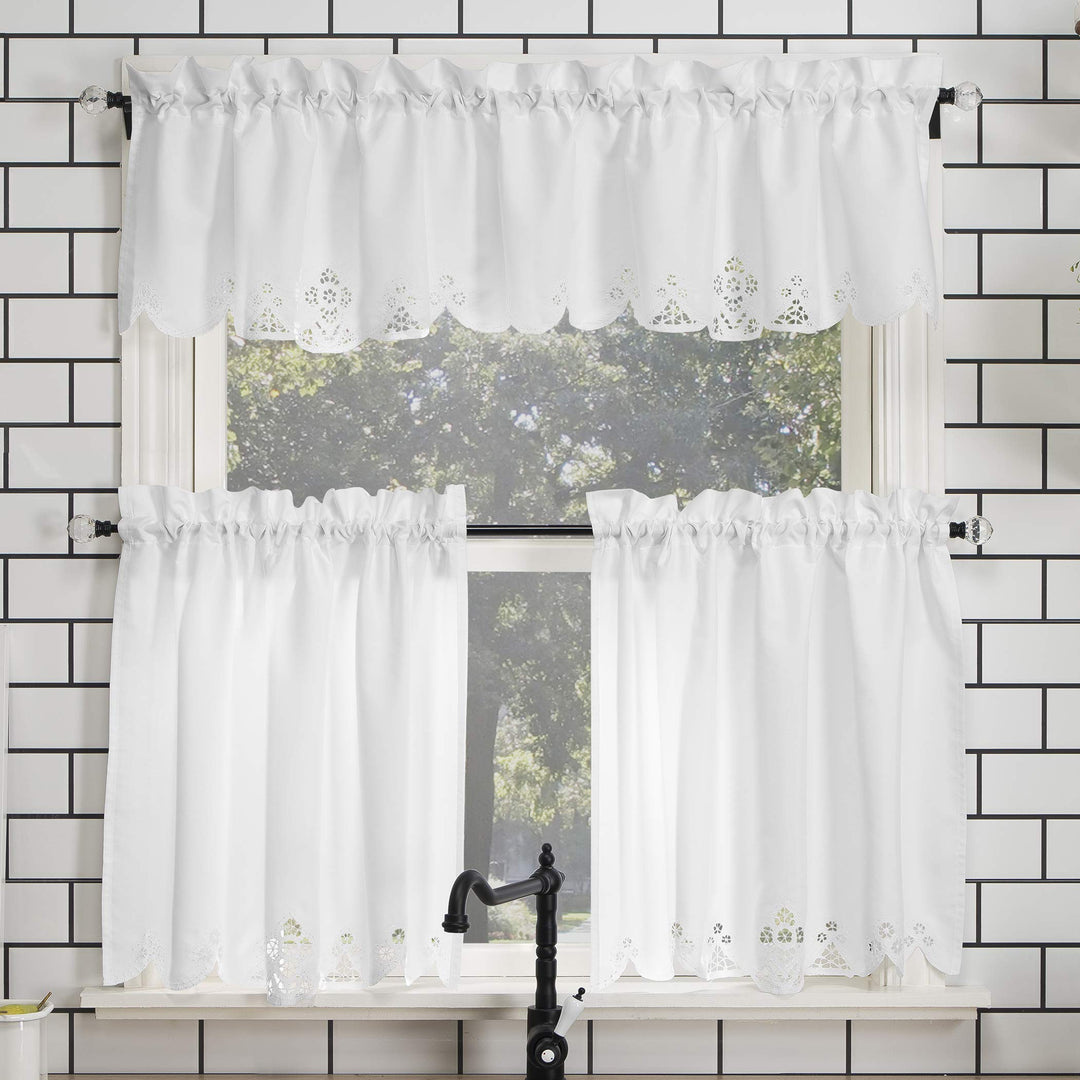 No. 918 Mariela Floral Trim Semi-Sheer Rod Pocket Kitchen Curtain Valance and 58 x 24 - White