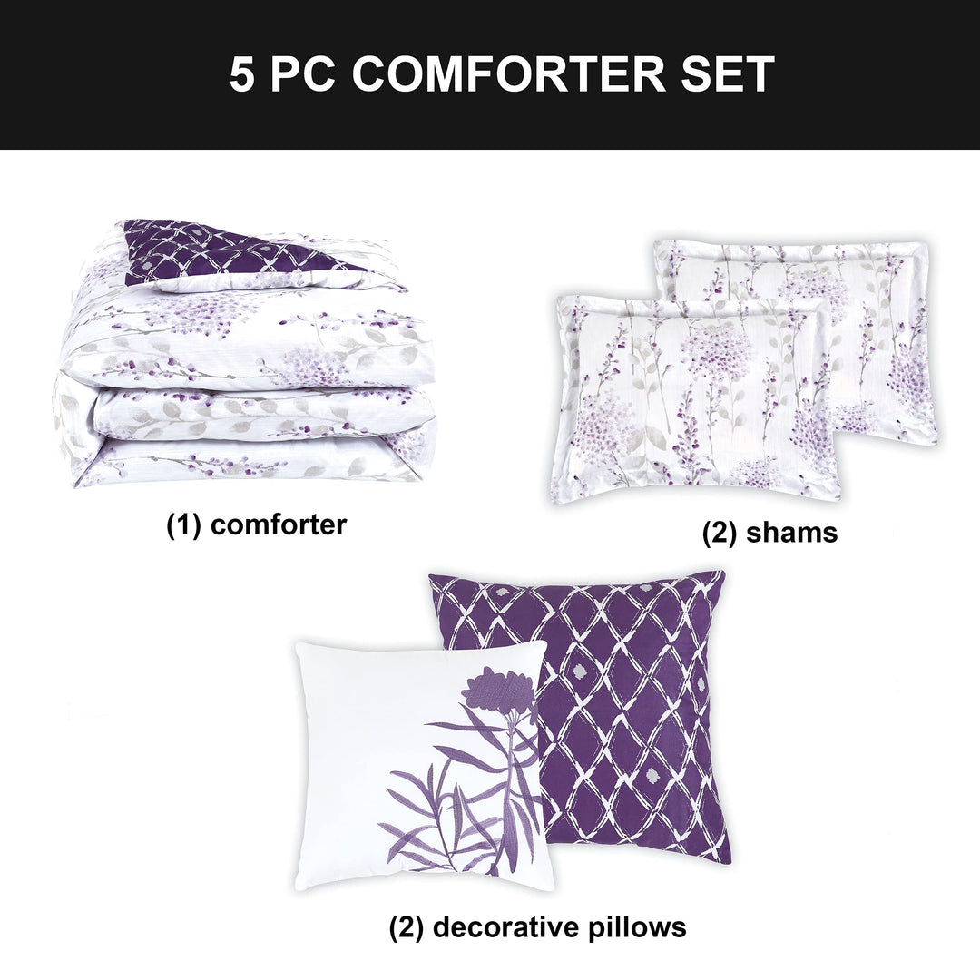 5 Piece Romantic Floral Motif Comforter Set