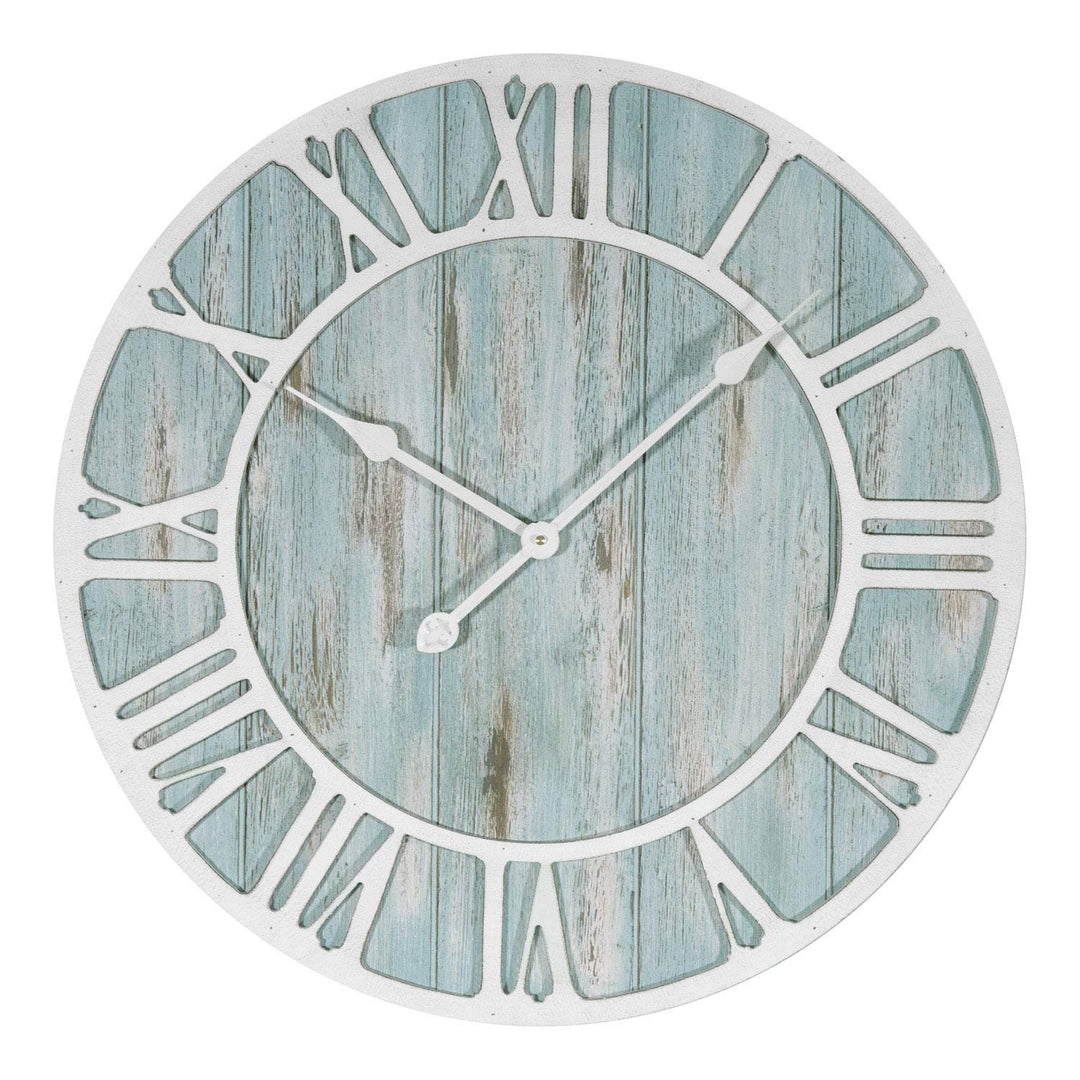 23.5-inch Round Blue Quartz Coastal Wall Clock Beach Nautical Metal Plastic Wood - Diamond Home USA