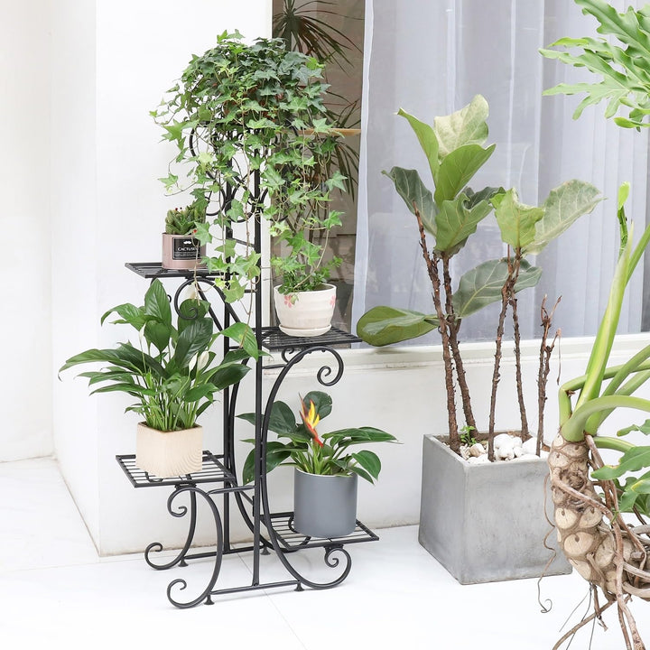 Tall Plant Stand 5 Tiered Iron Shelf Garden Display Rack Indoor Outdoor Black