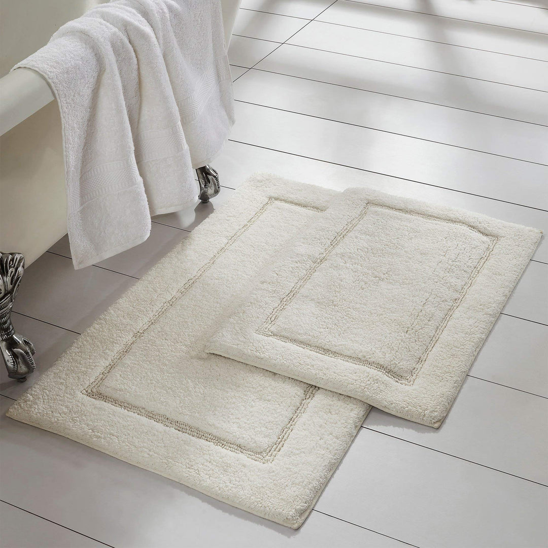 2 Piece White Border Stripes Bath Rug Set Simple Texture Solid Color Bathroom