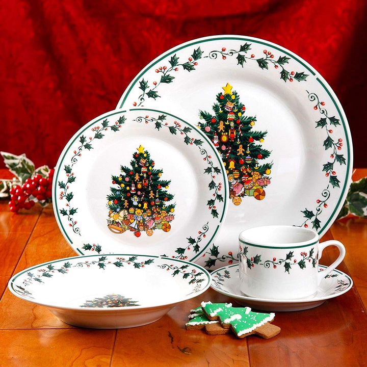 Cozy Christmas Tree Fine Ceramic 20 Piece Decorated Dinnerware Set White Holiday