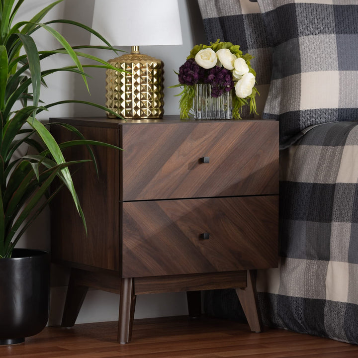 Mid-Century Modern Walnut nished Wood 2-Drawer Nightstand Brown Mid-Century