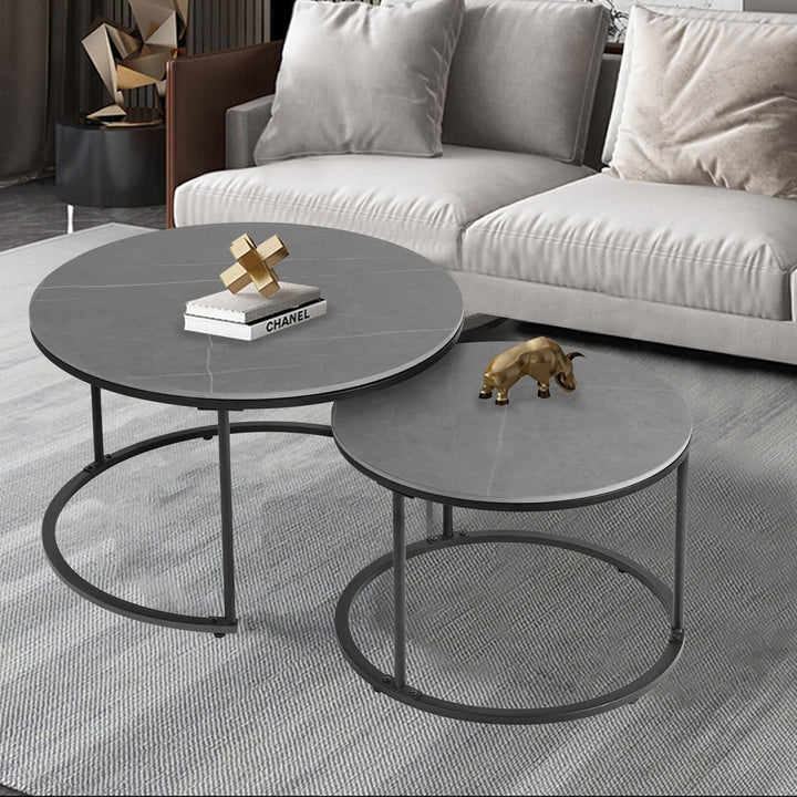 Round Black Grey Nesting Coffee Table (Set of 2) Industrial Modern