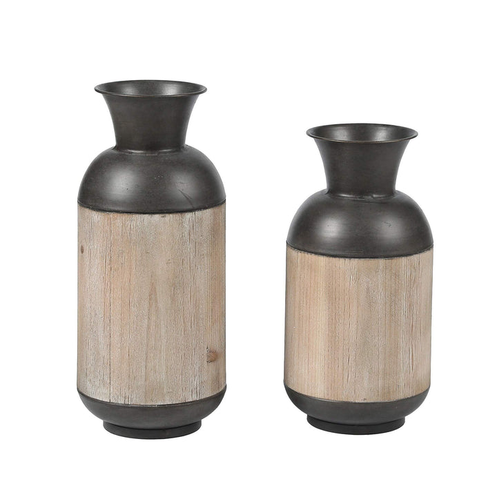 2-Piece Iron and Wood Vase Set Brown Farmhouse Metal Handcrafted - Diamond Home USA