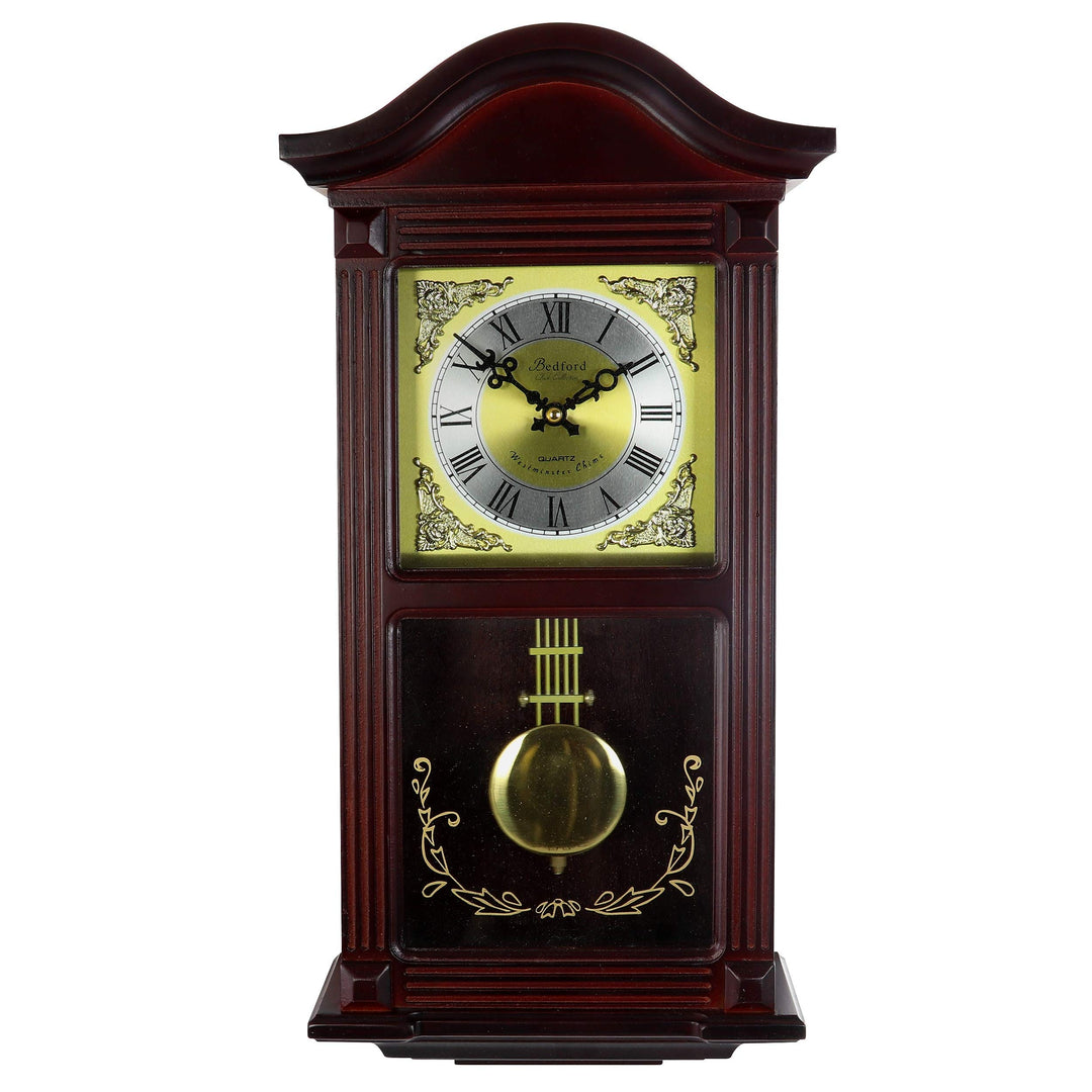 Decorative Wall Clock with Pendulum in Cherry Brown Rectangular Wood Finish