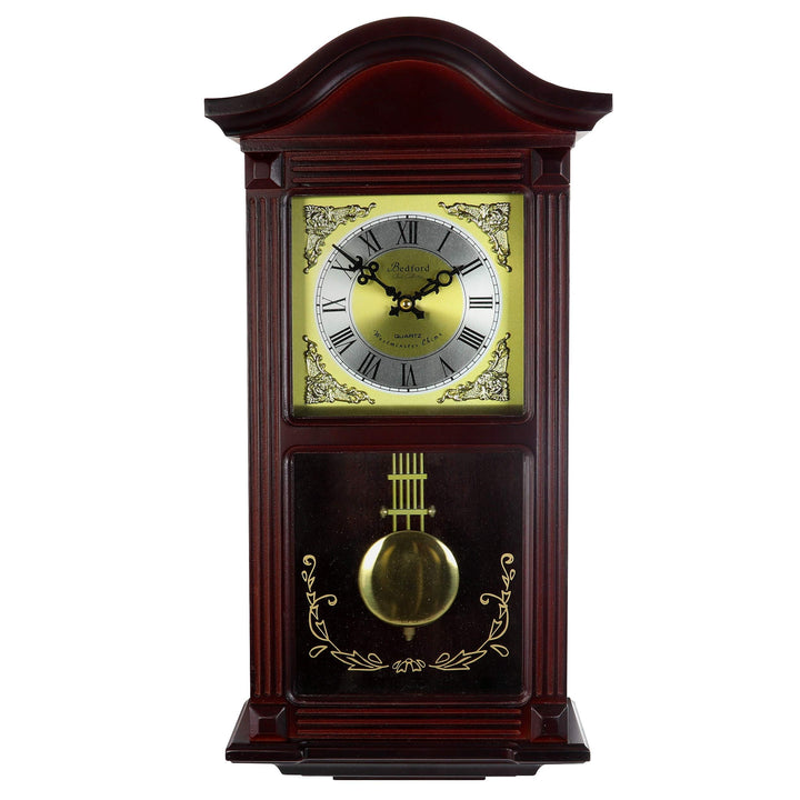 Decorative Wall Clock with Pendulum in Cherry Brown Rectangular Wood Finish